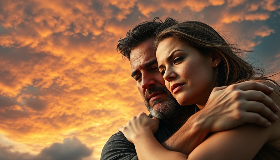 Romantic couple embrace under dramatic sky, intense mood.