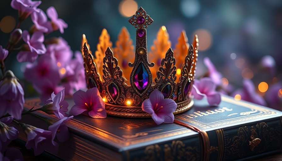 Fantasy book cover with crown and flowers, mystical ambiance