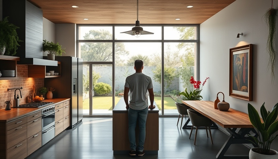 Modern Mexican kitchen with art wall and garden view