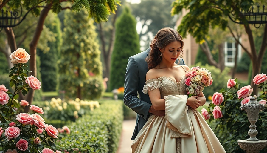 Historical fiction novel cover with romantic couple in garden.