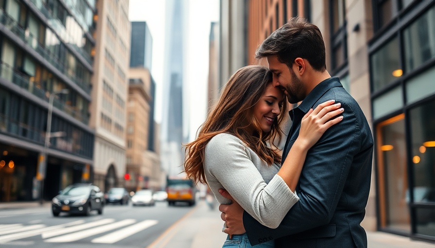 Romantic book cover with a couple embracing in a city setting.