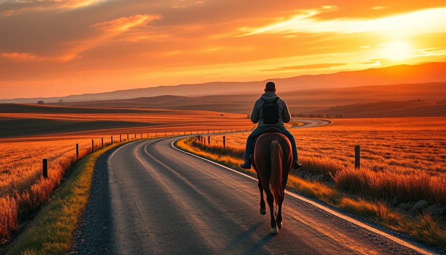 Lone rider on winding road in a historical fiction setting.