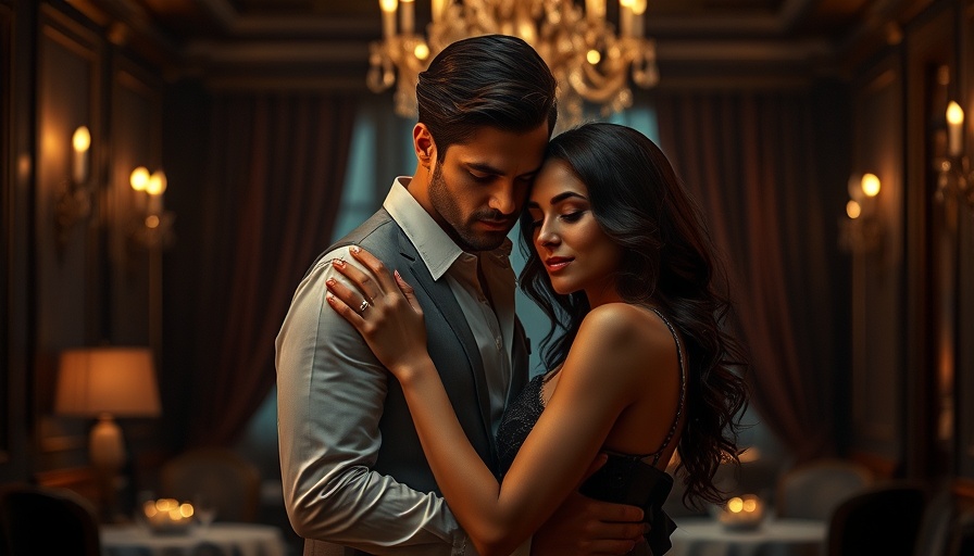 Elegant couple embracing in dimly lit luxurious setting.