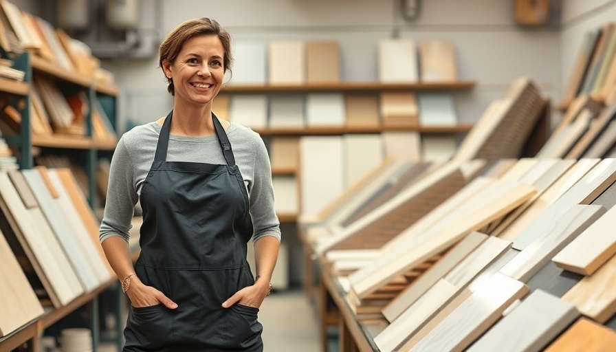Woman in workshop next to ceramic tiles.