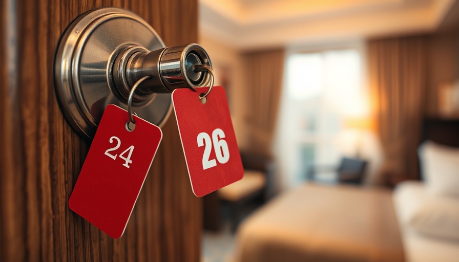 Key with red tag in door, hotel room background.