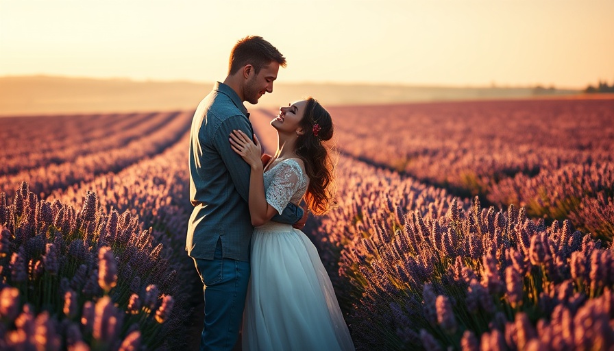 Romantic couple in lavender field at sunset, warm embrace.