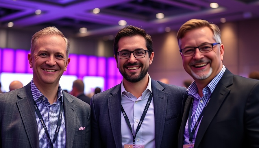 Businessmen discussing HVAC solutions at a conference.