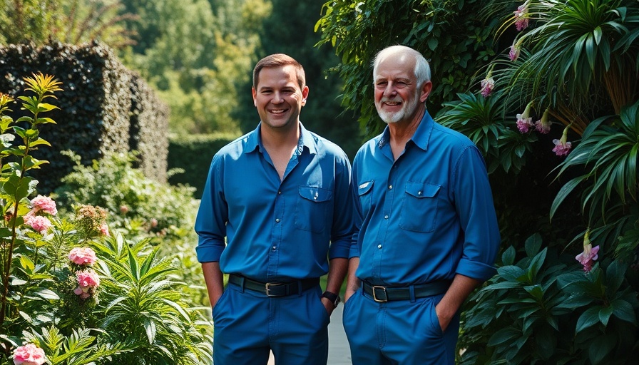 Two men in chic blue outfits showcasing utilitarian gardening style in lush garden.