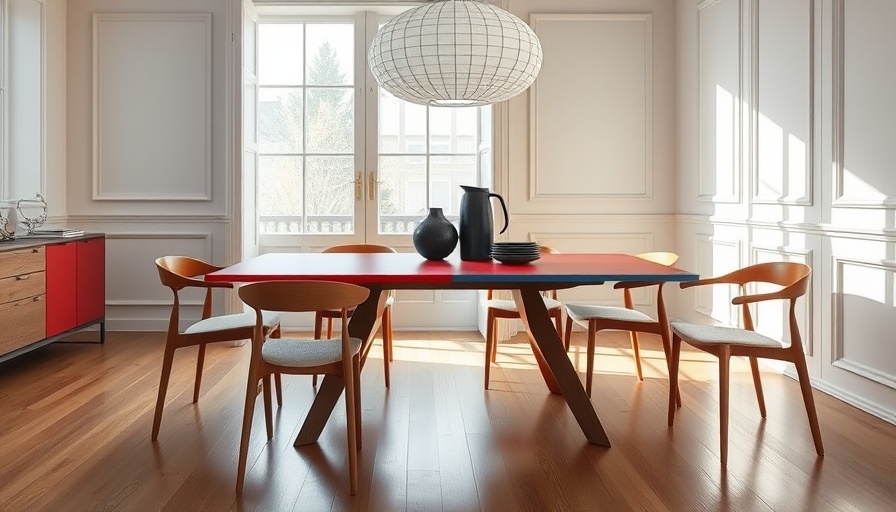 Modern color-blocked dining table in minimalist setting with wooden chairs
