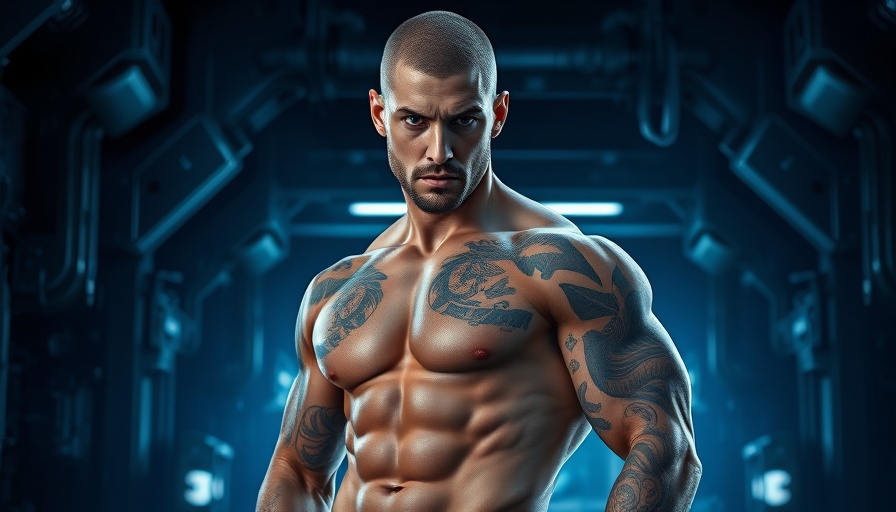 Muscular tattooed man, dark erotic MC romance novel, moody light