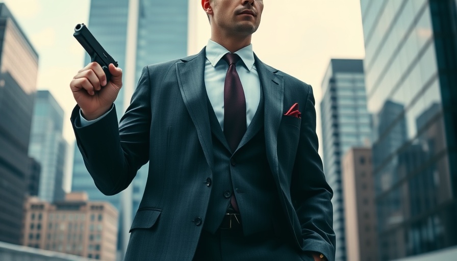 Confident man in business attire holding gun, urban backdrop
