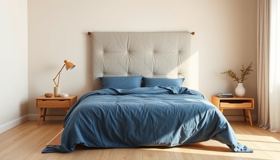 DIY headboard hack with fabric in minimalist bedroom decor.