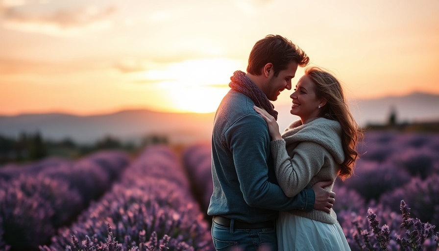 Romantic book cover couple in intimate embrace at sunset.