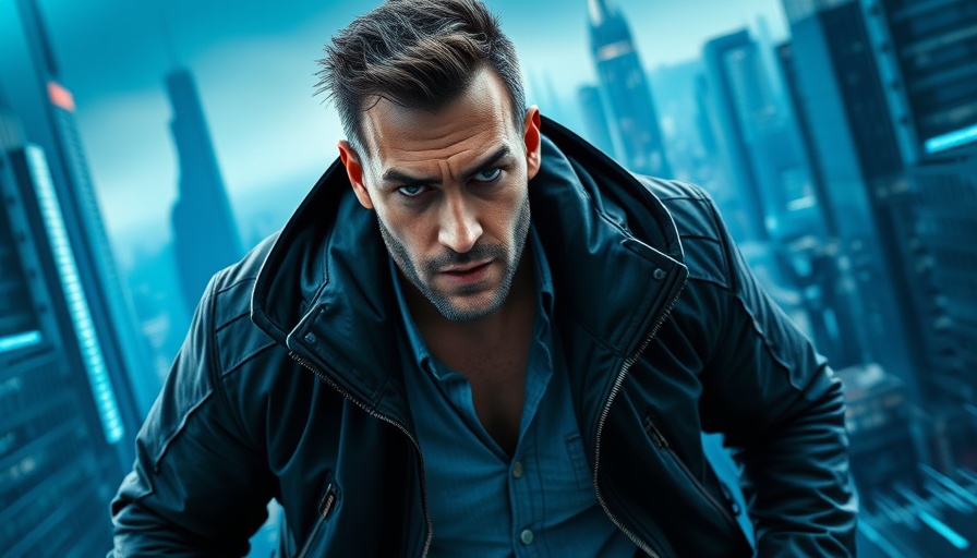 Futuristic cityscape with a determined man, modern and dynamic.