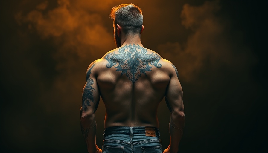 Muscular tattooed man in dark, smoky setting