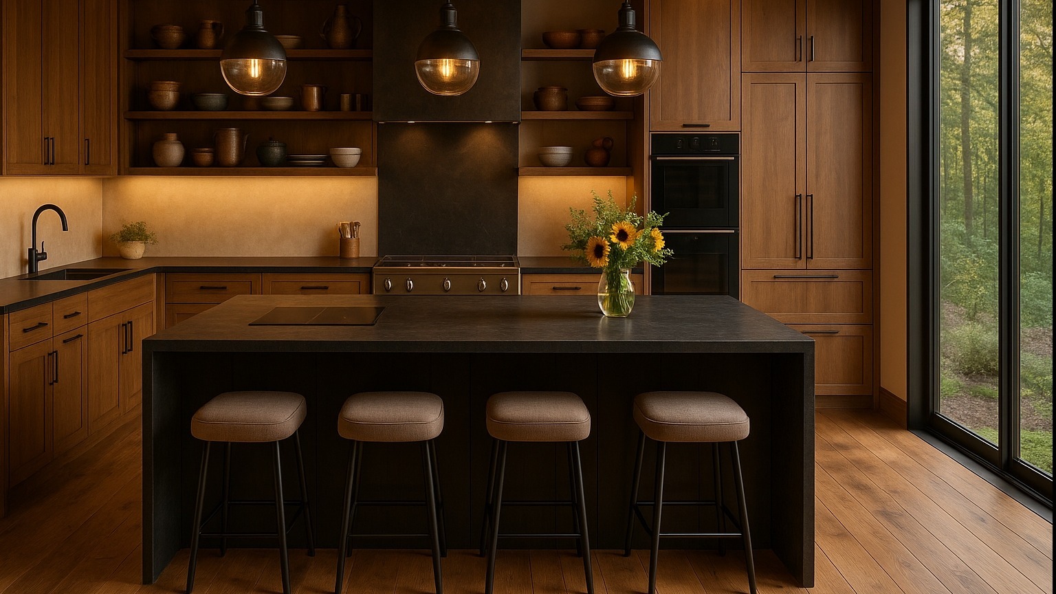 Rustic-modern best kitchen remodeling in houston with wood cabinetry and soapstone island.