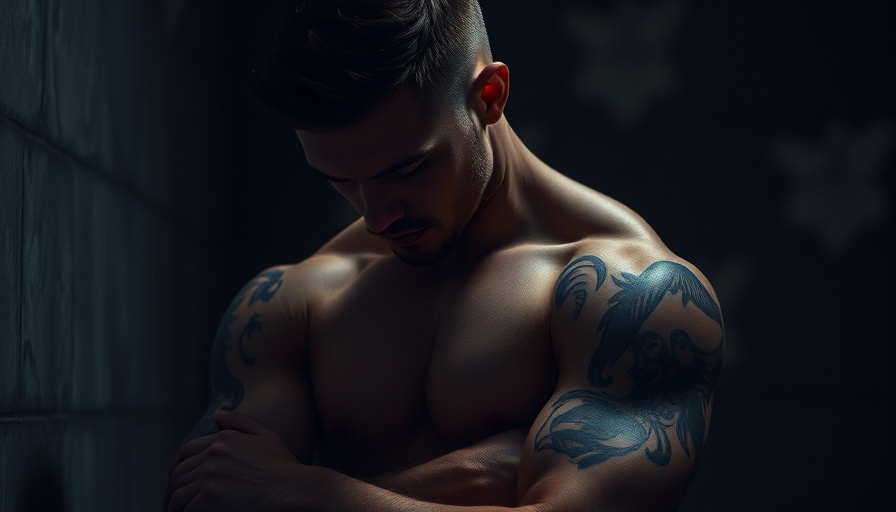 Introspective muscular man with tattoos in a moody setting.