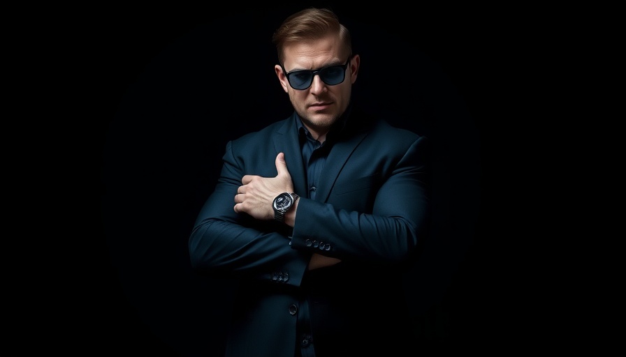 Stylish man crossing arms on a dark background, photorealistic.
