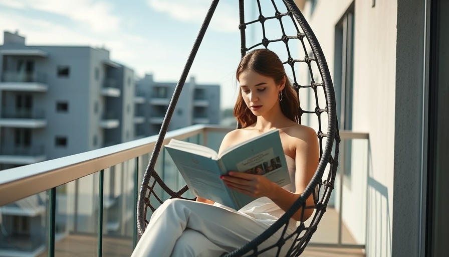 Young woman reading a book on a balcony in a hanging chair.