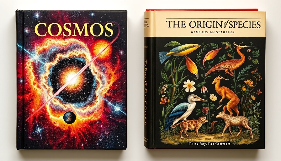 Covers of highest-rated science books: 'Cosmos' and 'Origin of Species'.