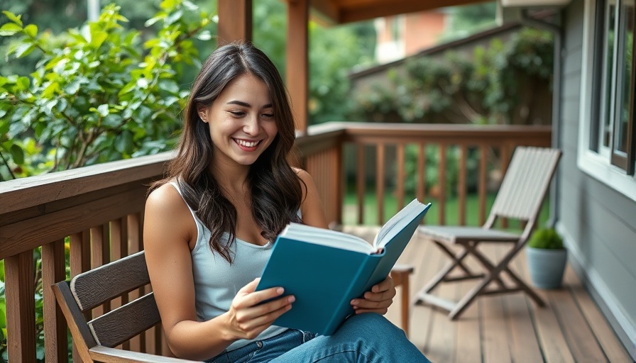 Young woman enjoying a book outdoors on a wooden deck.