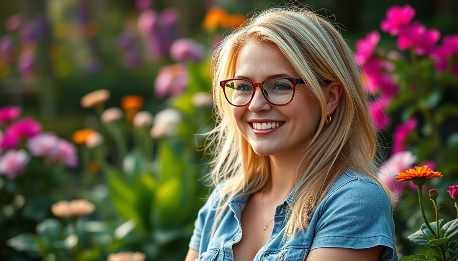Portrait of a woman in glasses, set in a vibrant garden.