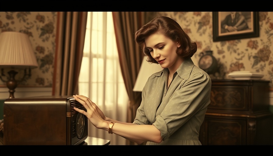 1940s woman adjusting radio, historical fiction mystery