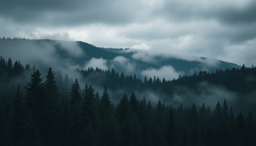 Misty forest landscape under dark clouds, capturing wilderness mysteries.