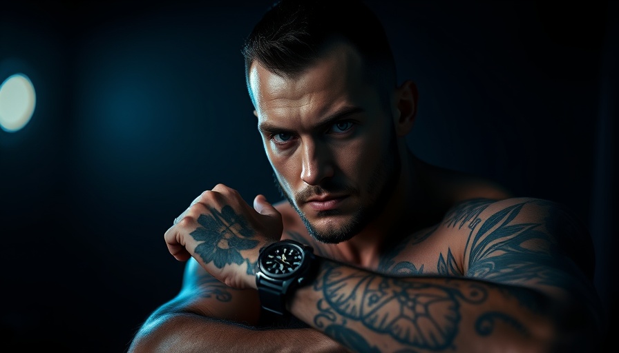 Tattooed man posing dramatically in dark, cinematic setting.