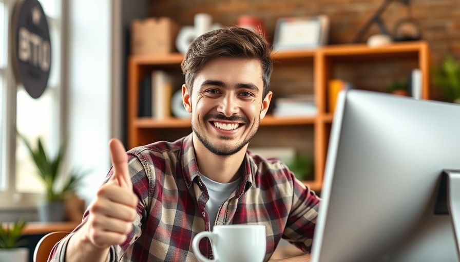 Young man giving thumbs up, boosting site speed in office.