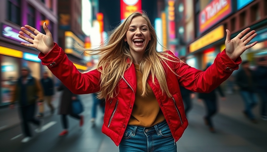Young woman in red jacket joyfully gesturing in cityscape, TikTok Views to Website Visits.