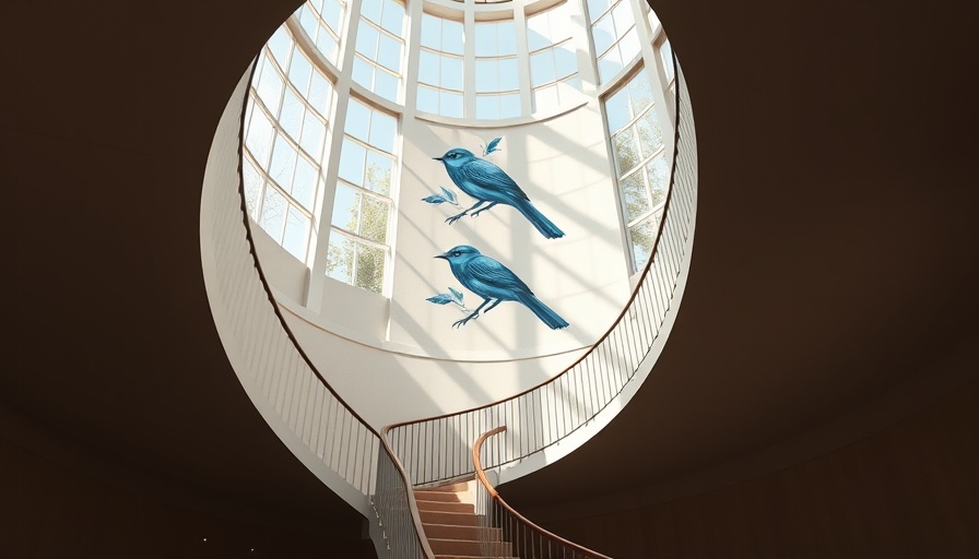 Elegant modern staircase with sunlight and bird mural, Artists' Atelier Creativity.