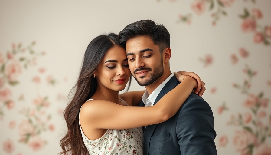 Couple in romantic pose, woman embracing man with serene expressions.