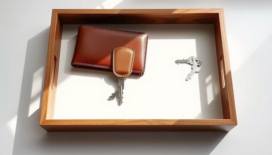 Stylish wooden tray with wallet and keys, ideal Father's Day gifts for design-minded dads.