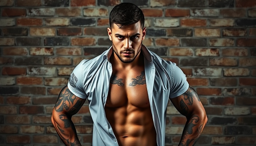 Muscular man in open shirt, posing confidently against brick wall.