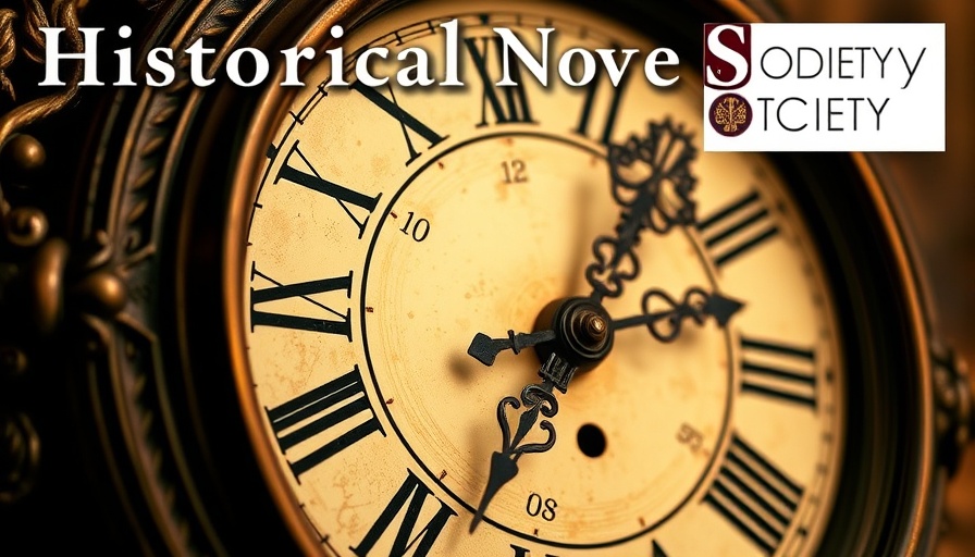 Historical fiction themed vintage clock with ornate background.