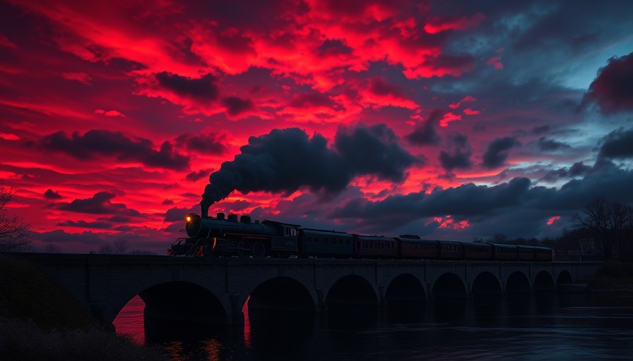 Historical fiction mystery book cover with train on bridge at night.