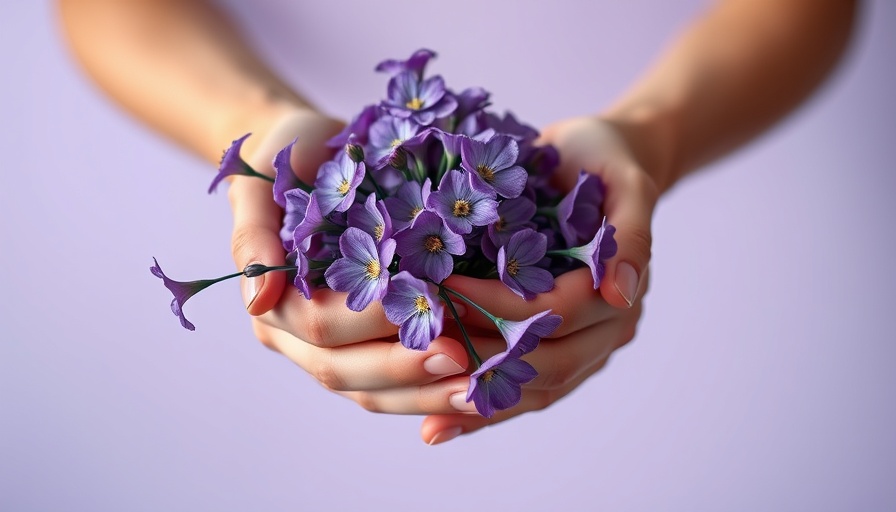 Clean romance book cover with hands and purple flowers.