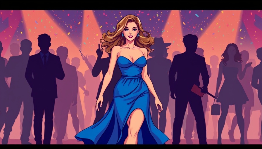 Stylized cover of woman in blue dress, party scene, vibrant colors.