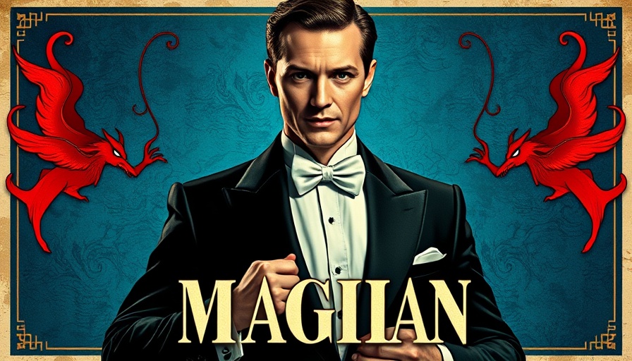 Vintage magician poster with red imps, historical fiction mystery theme.