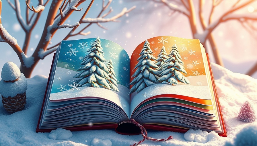 Colorful winter book illustration with snowflakes and trees