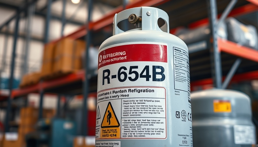 R-454B refrigerant cylinder with warning labels and warehouse background.