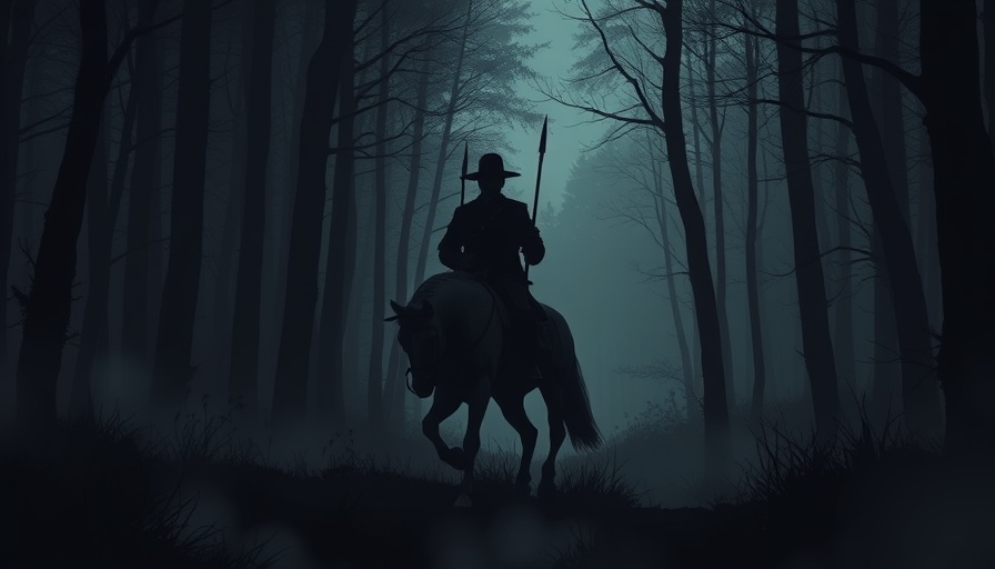 Dark forest scene with horseback soldier, historical fiction mystery
