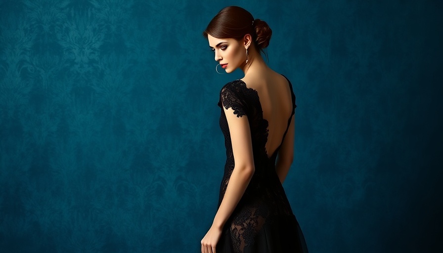Elegant woman in black lace gown against a textured blue background.