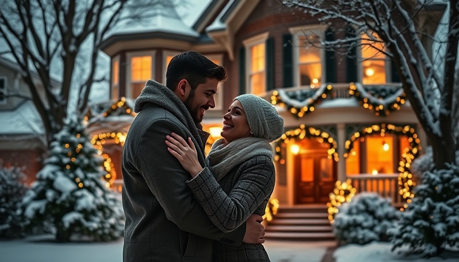 Romantic winter embrace in snowy landscape with Victorian house and decorations.