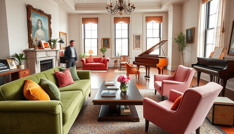 Brooklyn brownstone transformation living room with green sofa and piano.