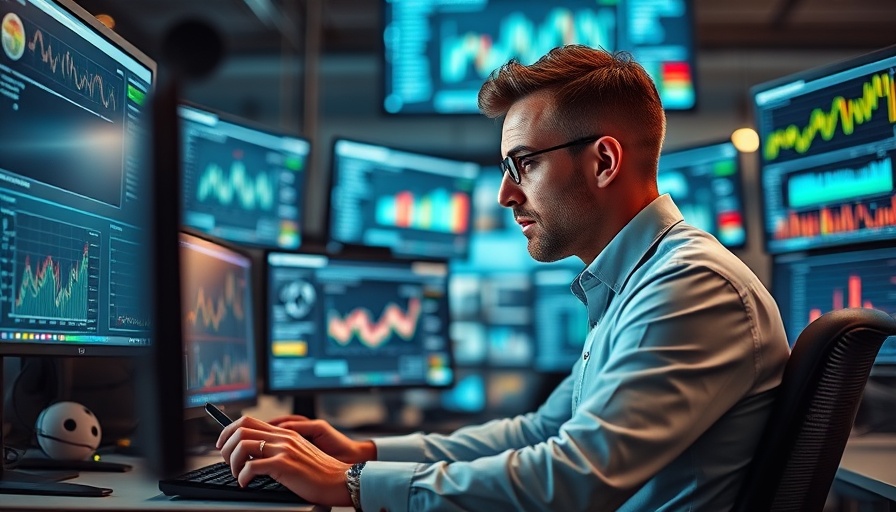 Professional analyzing data for AI search visibility in tech office.