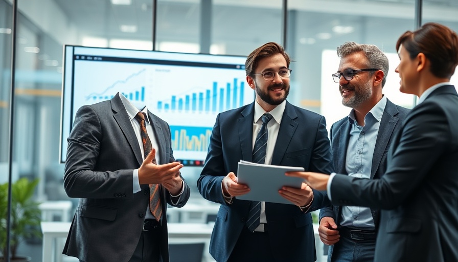 Business professionals discuss AI impact on marketing in modern office.