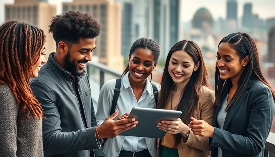 Professionals discussing AI impact on marketing with a tablet.