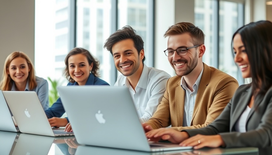 Professionals enhancing AI search visibility in modern office.